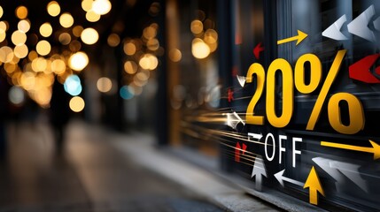 Nighttime City Shopping Scene with 20% Discount Sign in Focus
