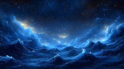 Fototapeta premium Tranquil night ocean scene with rolling waves under a starry sky, evoking serenity and wonder