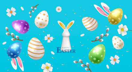 Easter blue banner with eggs, catkins, bunny ears and flower. Holiday 3D composition card design. Happy Easter vector.