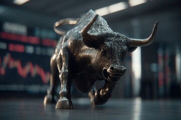 A powerful bull statue stands guard in front of a stock market ticker display, embodying financial strength and bullish market trends with a dynamic and focused pose.
