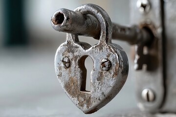 Close-up of a weathered, heart-shaped padlock securing a door handle, showcasing its vintage charm and rustic texture, evoking feelings of love and security.