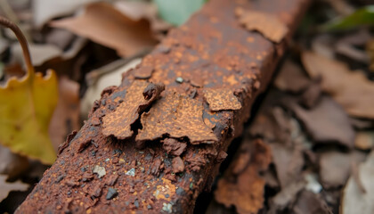 Rusty Metal Rail Beam With Fall Leaves