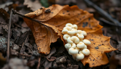 Cluster Of Small White Mushrooms On Fallen Autumn Leaf