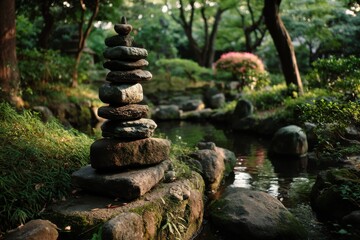 A zen garden scene featuring a stack of balanced stones near a serene stream, surrounded by lush greenery and blooming trees creating a peaceful atmosphere.