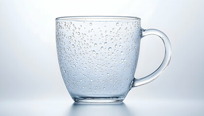 Transparent glass cup with water droplets against a soft gradient background, emphasizing clarity and freshness