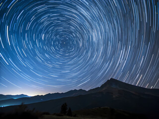 Star trails rotating around polaris over mountain range at night