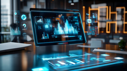 Futuristic holographic financial dashboard interface displaying data analytics charts in modern office