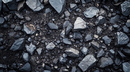 Macro shot of volcanic rock fragments with jagged edges and porous textures, coal-black stones scattered across dark volcanic soil under harsh directional light. 