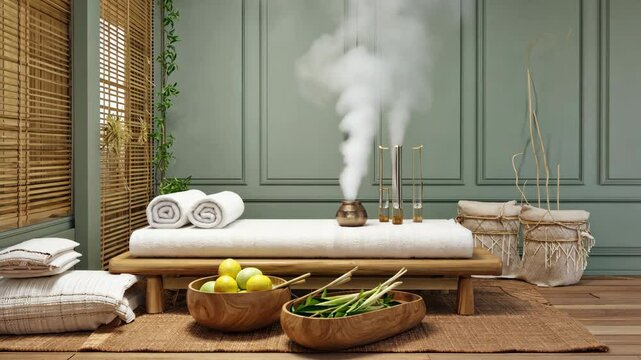 Steam rising from aroma diffuser in spa treatment room, with rolled towels, citrus fruit, and decorative elements creating serene atmosphere.