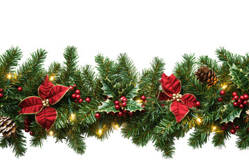 A festive garland with pine sprigs, red poinsettias, berries, pine cones, and warm lights on a transparent background