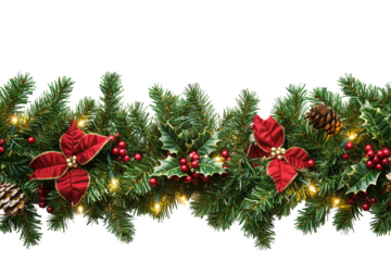 A festive garland with pine sprigs, red poinsettias, berries, pine cones, and warm lights on a transparent background