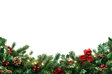 Festive border pine branches, holly leaves, red berries, pinecone, and lights. Black background