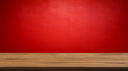 Empty wooden table on red wall background.