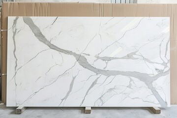 Large slab of white stone with grey veining surface finish material for home construction