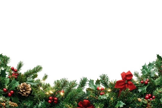 Festive border pine branches, holly leaves, red berries, pinecone, and lights. Black background