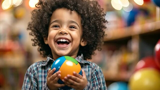 Joyful child holding toy ball in toy store