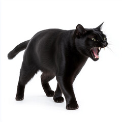 A hissing black cat with arched back and bared teeth