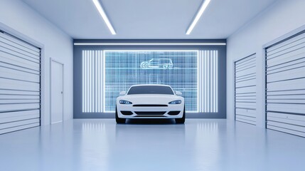 Innovative car design showcase modern garage digital art sleek environment front view automotive technology