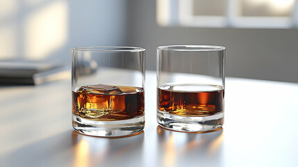 Two glasses of whiskey on a wooden table, featuring one with ice, illuminated by soft sunlight