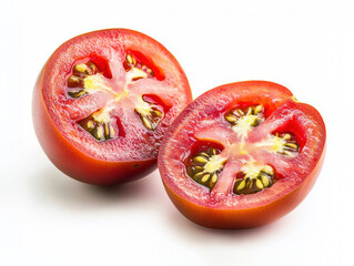 An appetizing fresh tomato split in half on a white background. Generative AI.