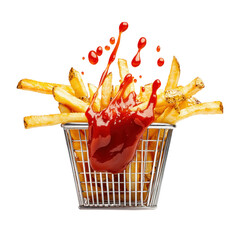 Aluminum basket with a portion of fries and ketchup. Cut out. Transparent background. Generative AI.
