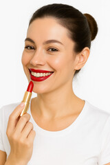 Smiling woman with dark hair pulled back and applying red lipstick on a white background. Generative AI.