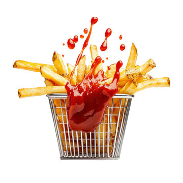 Aluminum basket with a portion of fries and ketchup. Cut out. Transparent background. Generative AI.