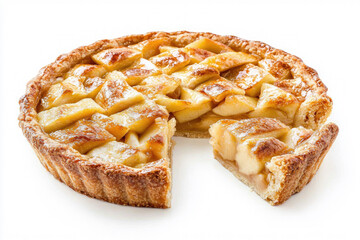 Delicious homemade apple pie with a slice separated on a white background. Generative AI.