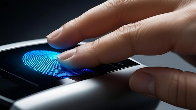 Close-up of a finger scanning on a biometric fingerprint reader with a glowing digital interface, representing secure identification and modern technology.