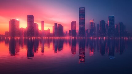 Obraz premium Cityscape Reflection at Dusk: A Vibrant Urban Panorama