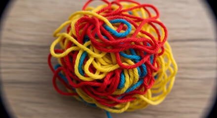 Colorful Threads Knotted In A Ball On Wooden Table