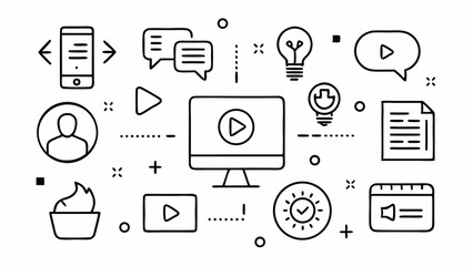 Outline icons showcasing tools and concepts of content creation including writing, editing, and publishing designed for creatives and digital marketers