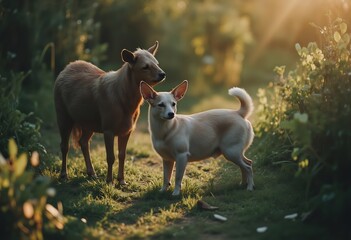 Naklejka premium Unwavering Bond: Two canine companions, a playful dog and a steadfast deer, stand united in nature's embrace, bathed in the warm glow of a sun-kissed morning. 