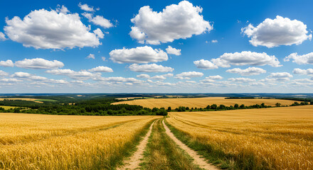 Fototapeta premium Golden wheat field under a blue cloudy sky