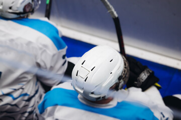 Hockey match game on ice rink arena stadium, team of ice hockey professional players with coach,...