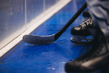 Hockey match game on ice rink arena stadium, team of ice hockey professional players with coach,...