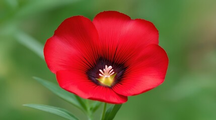Obraz premium Vibrant Red Flower with Dark Center Surrounded by Green Foliage in Natural Environment