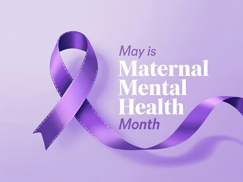 A gentle purple ribbon symbolizes May's Maternal Mental Health Month, a time for support and understanding, with soft lighting and a serene background.