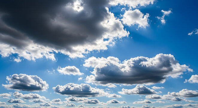 Dark storm clouds over bright blue sky