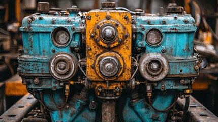 Close-up of a vintage, rusty engine block.  Dual color, teal and mustard, with exposed metal parts and weathered surfaces