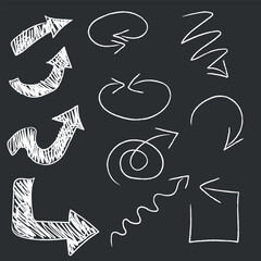Collection of arrows of different shapes, chalk drawing by hand, vector graphics line art. Decorative icons arrows brush
