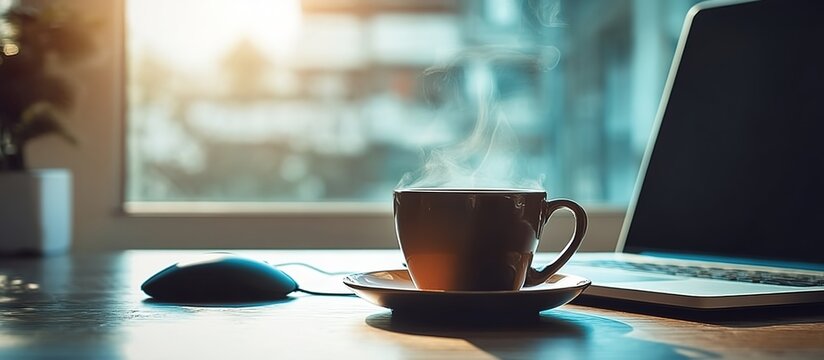 A steaming cappuccino in white porcelain mug beside open laptop and ergonomic mouse on teak desk, sunlight through venetian blinds creating stripe illumination on retro wallpaper.