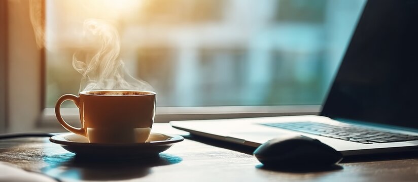 A steaming cappuccino in white porcelain mug beside open laptop and ergonomic mouse on teak desk, sunlight through venetian blinds creating stripe illumination on retro wallpaper.