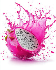 vibrant dragon fruit chunk splashes in vivid pink liquid, isolated on white background, creating dynamic and refreshing visual. fruit speckled interior contrasts with bright splash