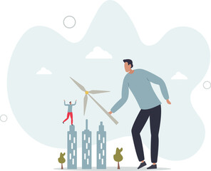 Fototapeta premium Green infrastructure planning with sustainable resources.Urban power supply using wind or solar source as ecological and environmental friendly solutions.flat character life .