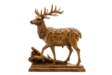 Detailed, skillfully carved deer figurine stands on base. Carved wooden sculpture is crafted with precise detail and ornate style