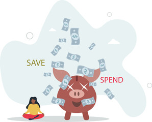 Naklejka premium Money decision, save or spend, financial options when receive bonus or extra money, choose to invest or pay off debt concept.flat character life .