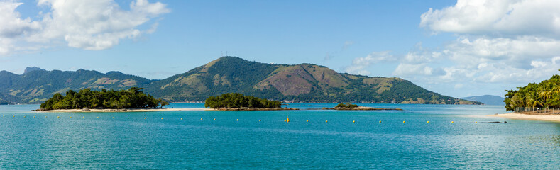 Panoramic view tropical paradise islands de Cataquases near big island (Ilha Grande), sea of Angra dos Reis bay, beach holidays on the coast of Rio de Janeiro, Brazil, world heritage site