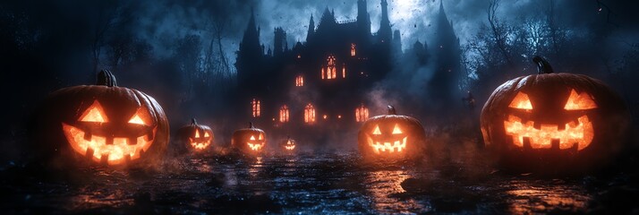 Naklejka premium A hyper-detailed, ultra-realistic 8K render of a spooky haunted mansion at midnight, glowing jack-o-lanterns, eerie fog, and gothic architecture under cinematic lighting—perfect for Halloween-themed p