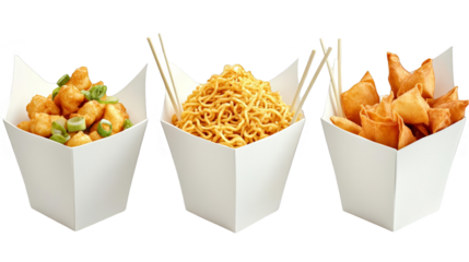 Delicious Asian Takeout Dishes in White Containers with Chopsticks Isolated